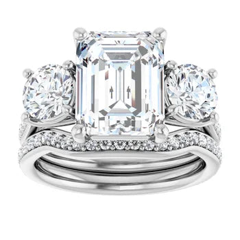 Emerald-Cut 3-Stone Semi-Mount Engagement Ring & Curved Pave Band Set in 14K Gold