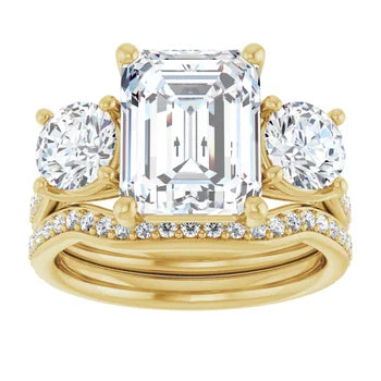 Emerald-Cut 3-Stone Semi-Mount Engagement Ring & Curved Pave Band Set in 14K Gold