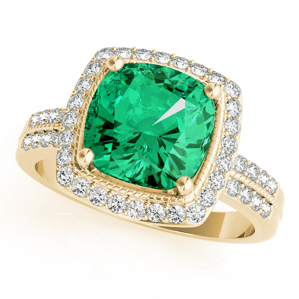 14K Gold Cushion Cut Emerald Halo Diamond Engagement Ring with Diamond Accents