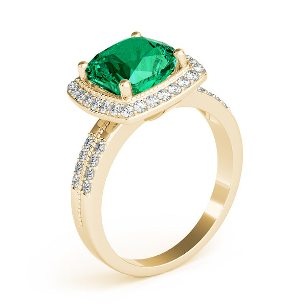 14K Gold Cushion Cut Emerald Halo Diamond Engagement Ring with Diamond Accents
