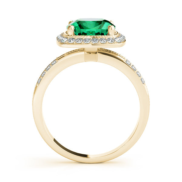 14K Gold Cushion Cut Emerald Halo Diamond Engagement Ring with Diamond Accents