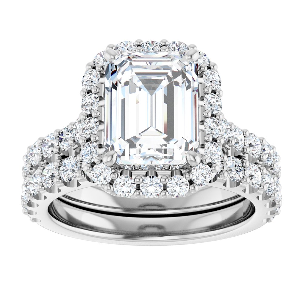 14K Gold Emerald-Cut Diamond Halo Engagement Ring with Matching Band (1.20 ct)