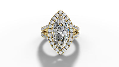 14K Gold Marquise Cut Halo Diamond Open Shank Engagement Ring with Matching Band