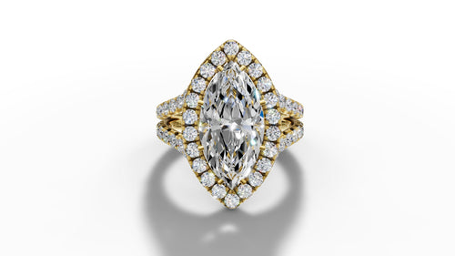 14K Gold Marquise Cut Halo Diamond Open Shank Engagement Ring with Matching Band