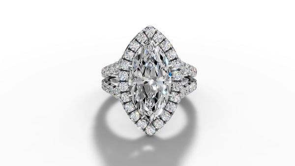 14K Gold Marquise Cut Halo Diamond Open Shank Engagement Ring with Matching Band