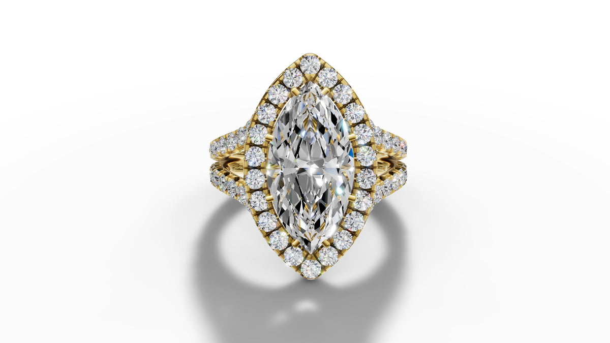14K Gold Marquise Cut Halo Diamond Open Shank Engagement Ring with Matching Band