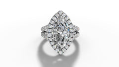 14K Gold Marquise Cut Halo Diamond Open Shank Engagement Ring with Matching Band
