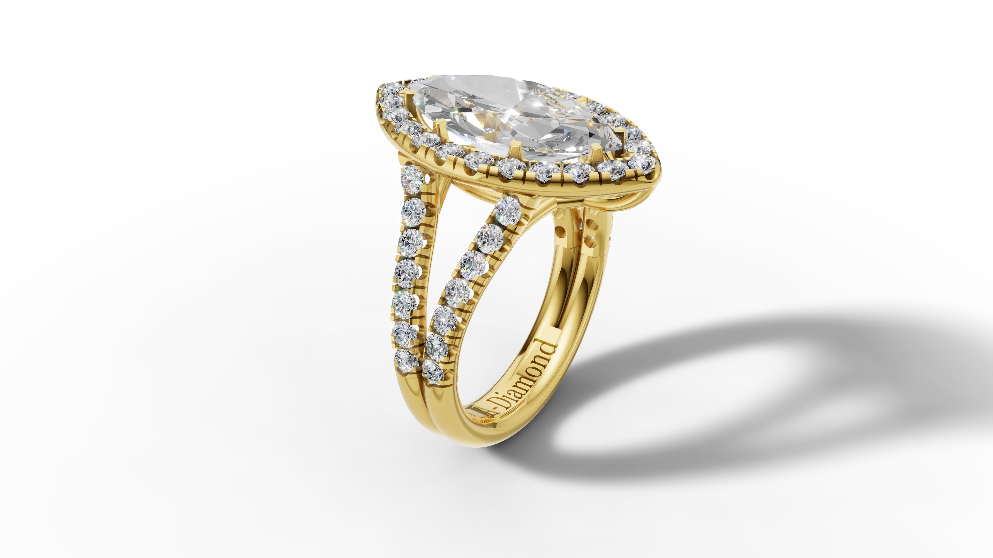 14K Gold Marquise Cut Halo Diamond Open Shank Engagement Ring with Matching Band