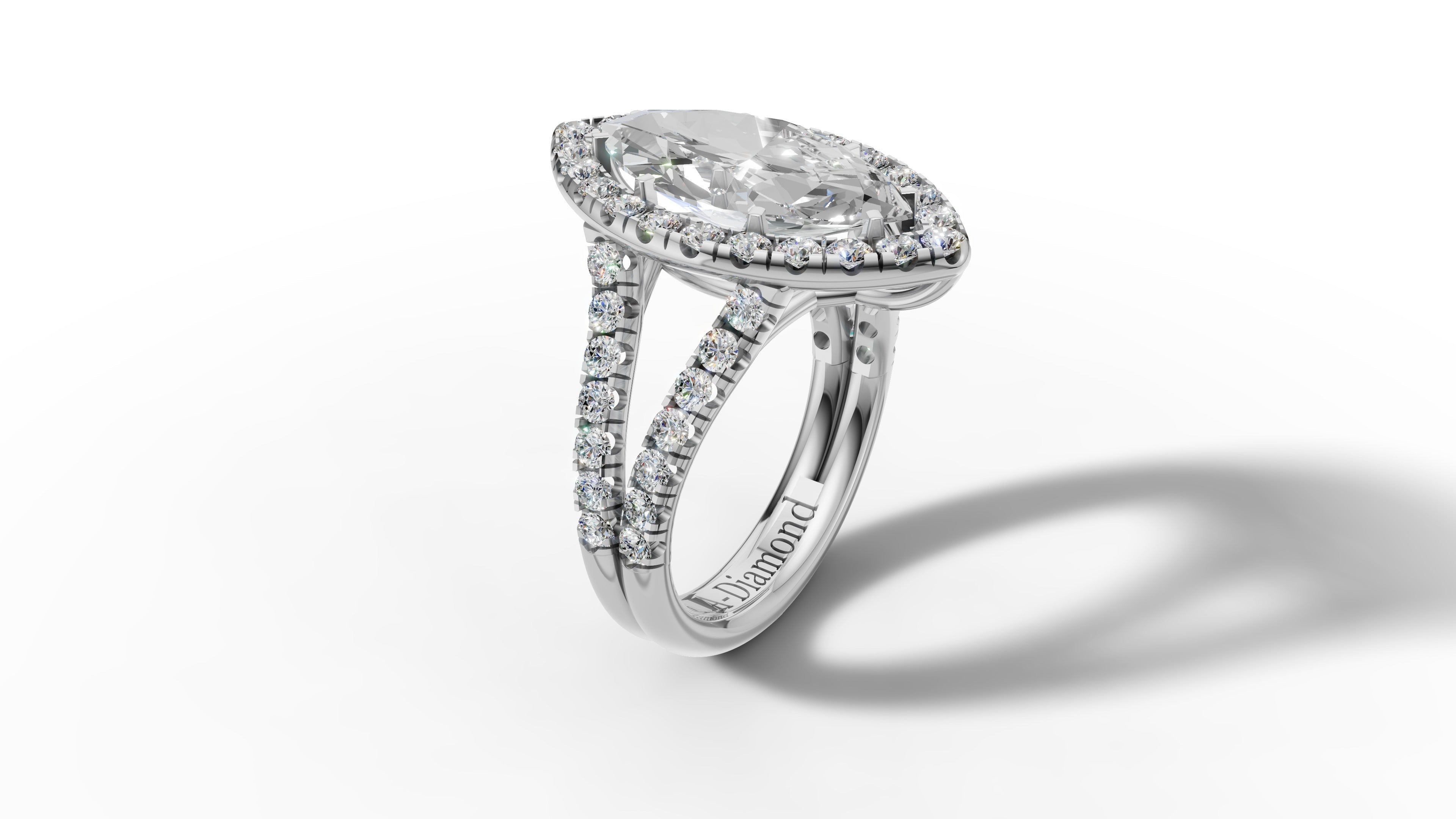 14K Gold Marquise Cut Halo Diamond Open Shank Engagement Ring with Matching Band