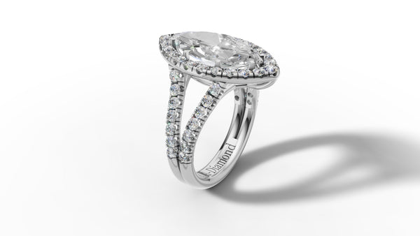14K Gold Marquise Cut Halo Diamond Open Shank Engagement Ring with Matching Band