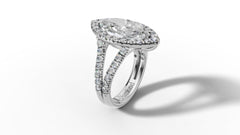 14K Gold Marquise Cut Halo Diamond Open Shank Engagement Ring with Matching Band