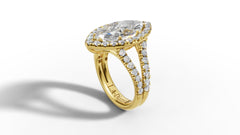 14K Gold Marquise Cut Halo Diamond Open Shank Engagement Ring with Matching Band