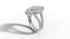 14K Gold Marquise Cut Halo Diamond Open Shank Engagement Ring with Matching Band