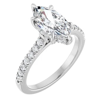 14K Gold Marquise Cut Solitaire Diamond Pavé Engagement Ring with Hidden Halo (1.50 ct)