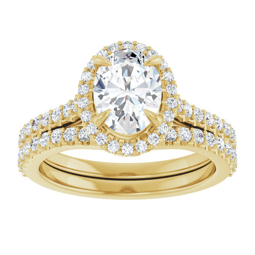 14K Gold Oval Cut Diamond Halo Engagement Ring with Matching Band