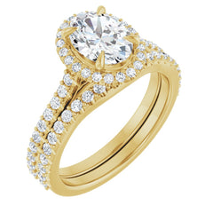 14K Gold Oval Cut Diamond Halo Engagement Ring with Matching Band