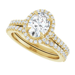 14K Gold Oval Cut Diamond Halo Engagement Ring with Matching Band