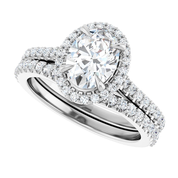 14K Gold Oval Cut Diamond Halo Engagement Ring with Matching Band