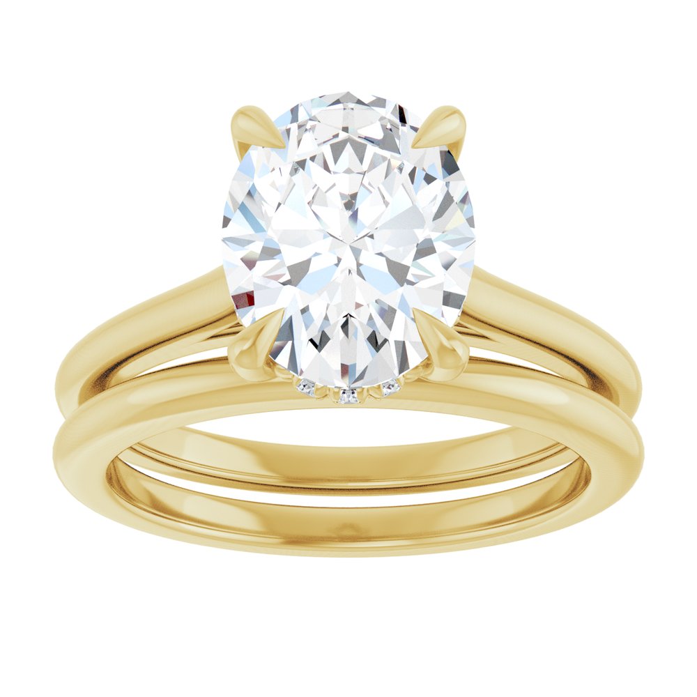 14K Gold Oval Cut Solitaire Diamond Engagement Ring with Hidden Halo & Matching Band Set