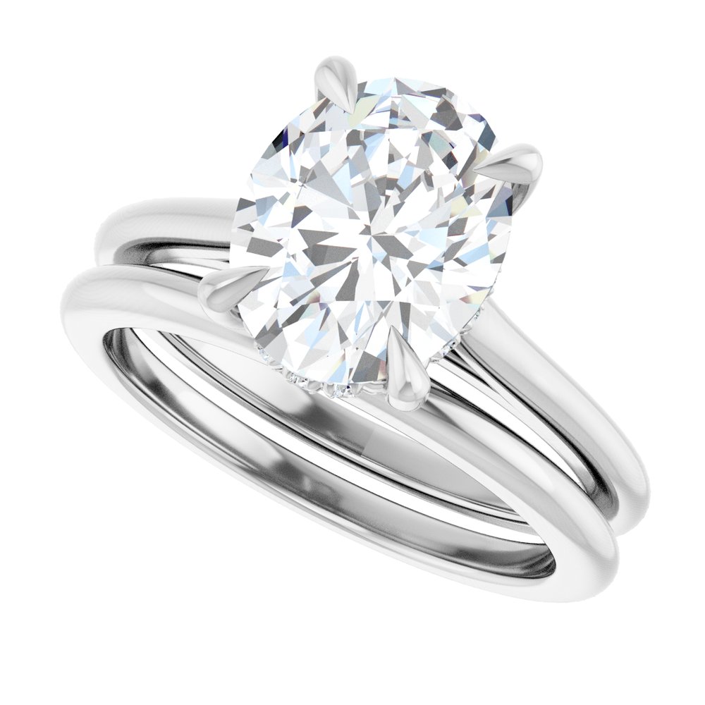 14K Gold Oval Cut Solitaire Diamond Engagement Ring with Hidden Halo & Matching Band Set