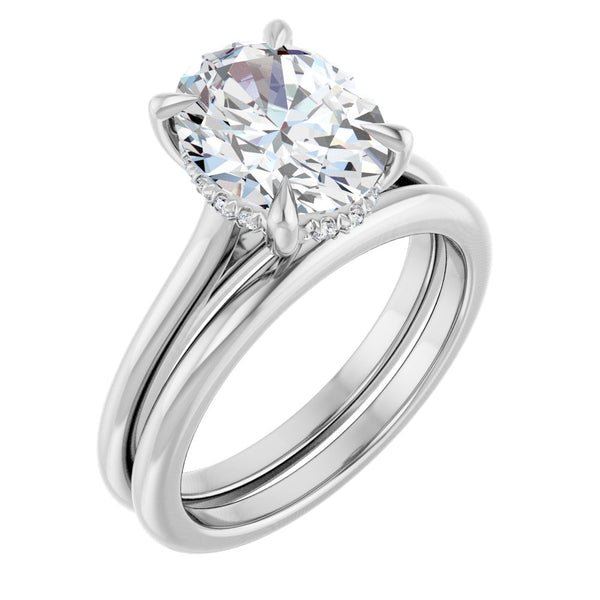 14K Gold Oval Cut Solitaire Diamond Engagement Ring with Hidden Halo & Matching Band Set