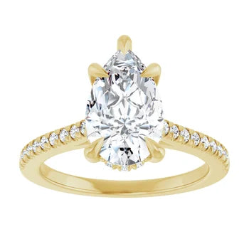 14K Gold Pear Cut Solitaire Diamond Hidden Halo Engagement Ring with Matching Pavé Band