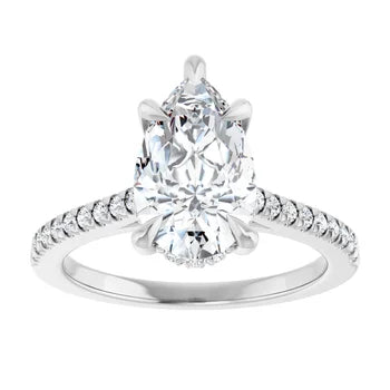 14K Gold Pear Cut Solitaire Diamond Hidden Halo Engagement Ring with Matching Pavé Band
