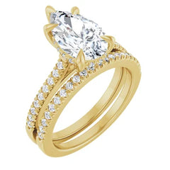 14K Gold Pear Cut Solitaire Diamond Hidden Halo Engagement Ring with Matching Pavé Band