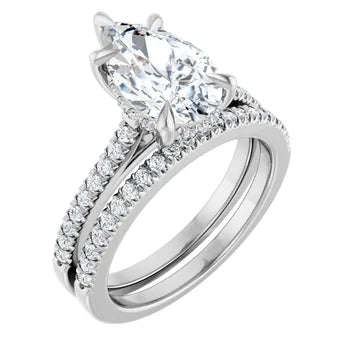 14K Gold Pear Cut Solitaire Diamond Hidden Halo Engagement Ring with Matching Pavé Band