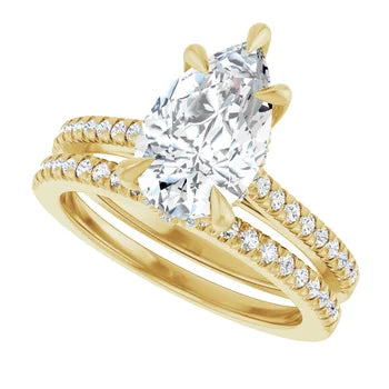 14K Gold Pear Cut Solitaire Diamond Hidden Halo Engagement Ring with Matching Pavé Band