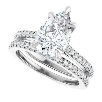 14K Gold Pear Cut Solitaire Diamond Hidden Halo Engagement Ring with Matching Pavé Band