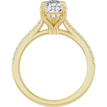 14K Gold Pear Cut Solitaire Diamond Hidden Halo Engagement Ring with Matching Pavé Band