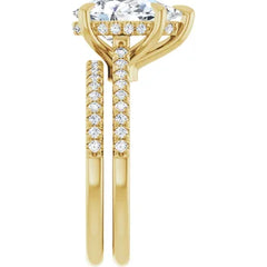 14K Gold Pear Cut Solitaire Diamond Hidden Halo Engagement Ring with Matching Pavé Band