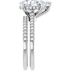 14K Gold Pear Cut Solitaire Diamond Hidden Halo Engagement Ring with Matching Pavé Band