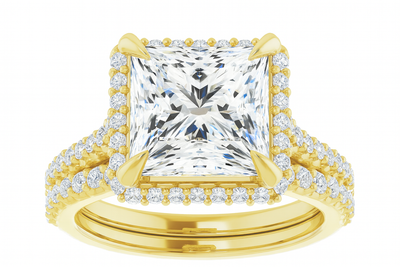 14K Gold Princess-Cut Diamond Halo Engagement Ring with Matching Band (4.00 ct)