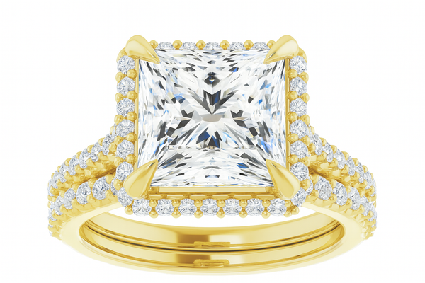 14K Gold Princess-Cut Diamond Halo Engagement Ring with Matching Band (4.00 ct)