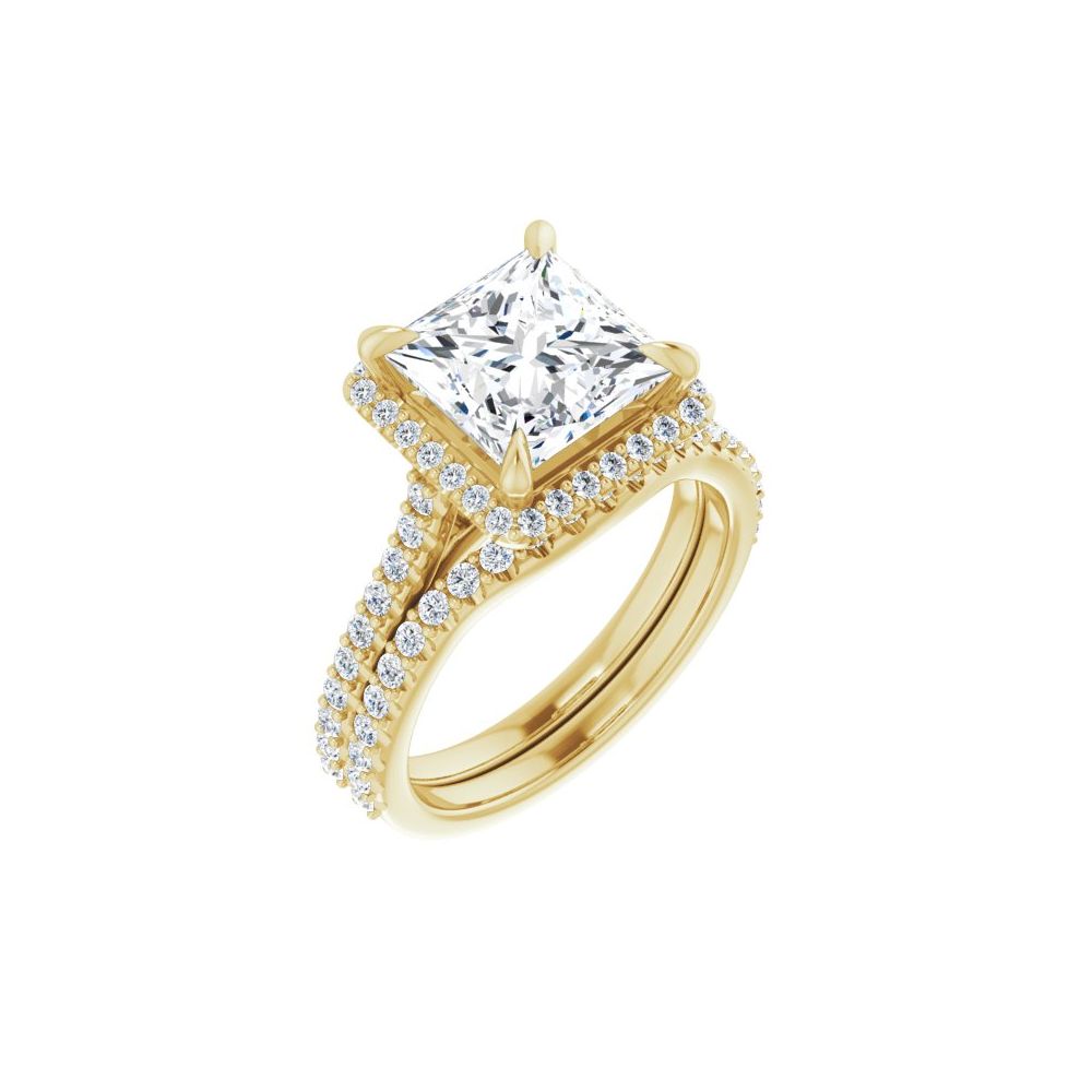 14K Gold Princess-Cut Diamond Halo Engagement Ring with Matching Band (4.00 ct)
