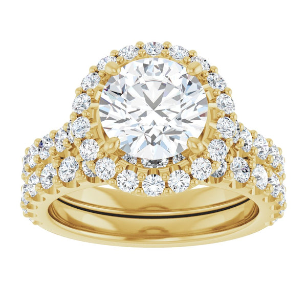 14K Gold Round Brilliant Cut Diamond Halo Engagement Ring with Matching Band
