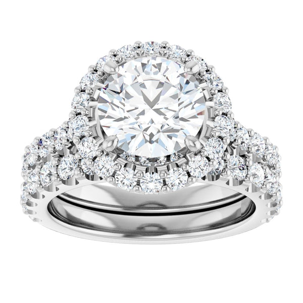 14K Gold Round Brilliant Cut Diamond Halo Engagement Ring with Matching Band