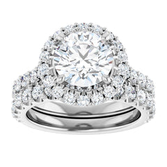 14K Gold Round Brilliant Cut Diamond Halo Engagement Ring with Matching Band