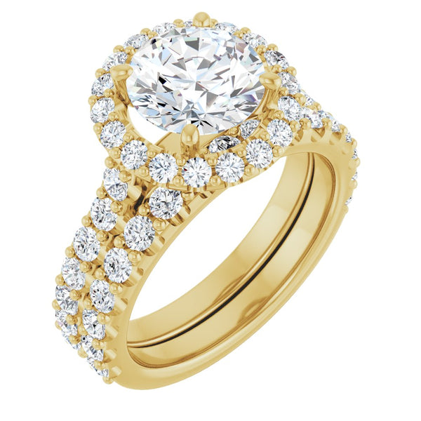 14K Gold Round Brilliant Cut Diamond Halo Engagement Ring with Matching Band