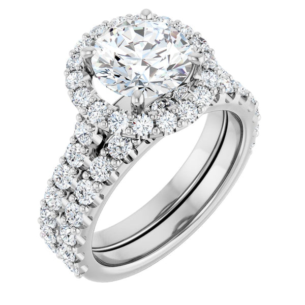 14K Gold Round Brilliant Cut Diamond Halo Engagement Ring with Matching Band