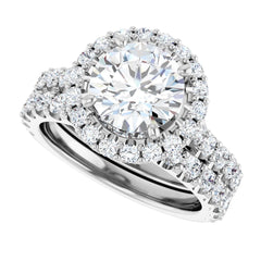 14K Gold Round Brilliant Cut Diamond Halo Engagement Ring with Matching Band