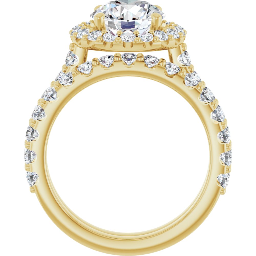 14K Gold Round Brilliant Cut Diamond Halo Engagement Ring with Matching Band