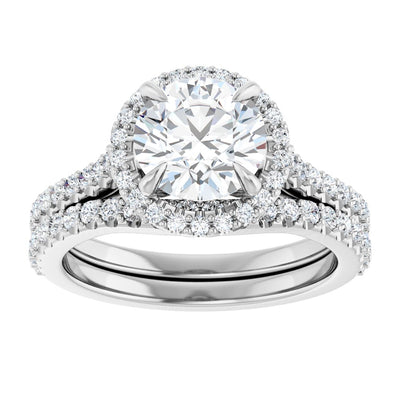 14K Gold Round Cut Halo Diamond Engagement Ring with Hidden Bezel and Matching Pavé Band