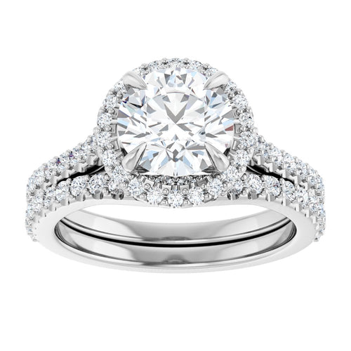 14K Gold Round Cut Halo Diamond Engagement Ring with Hidden Bezel and Matching Pavé Band