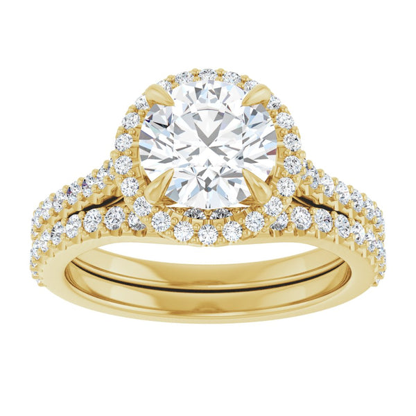 14K Gold Round Cut Halo Diamond Engagement Ring with Hidden Bezel and Matching Pavé Band