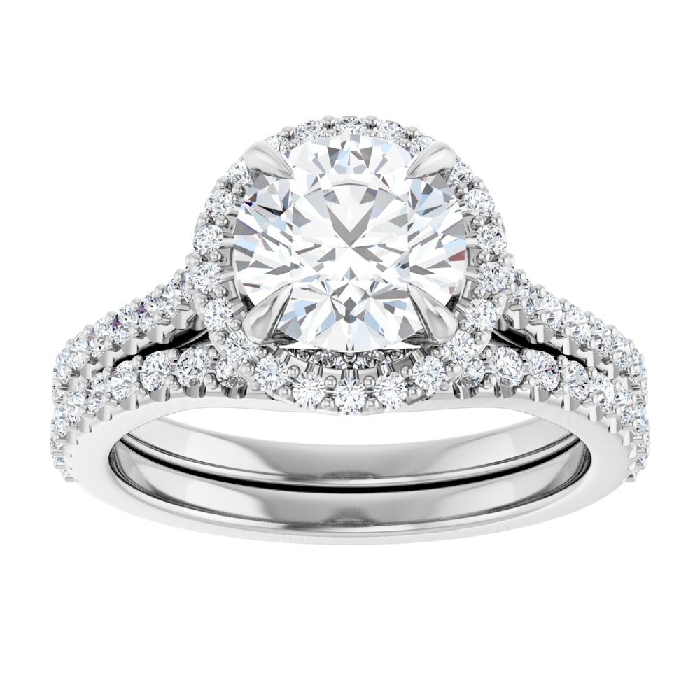 14K Gold Round Cut Halo Diamond Engagement Ring with Hidden Bezel and Matching Pavé Band