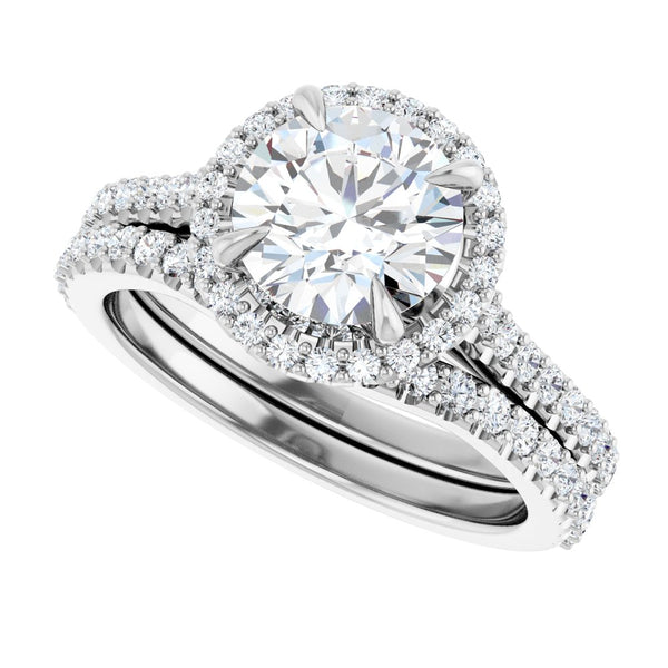 14K Gold Round Cut Halo Diamond Engagement Ring with Hidden Bezel and Matching Pavé Band