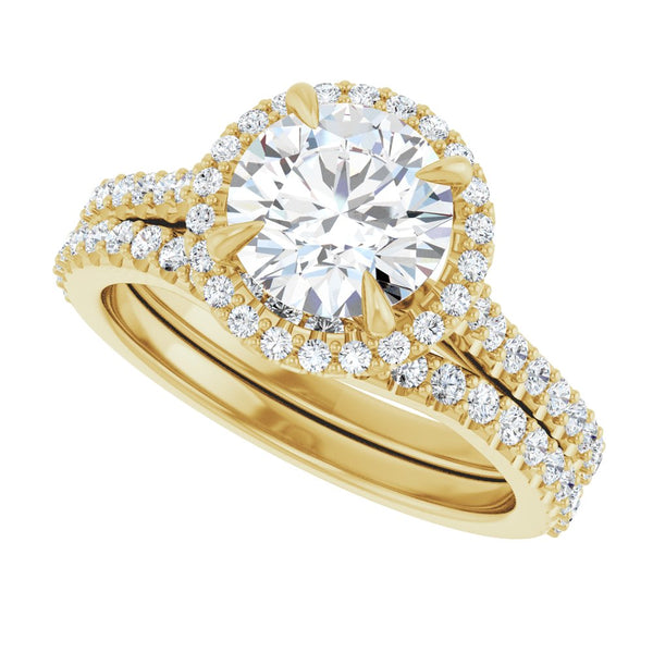 14K Gold Round Cut Halo Diamond Engagement Ring with Hidden Bezel and Matching Pavé Band